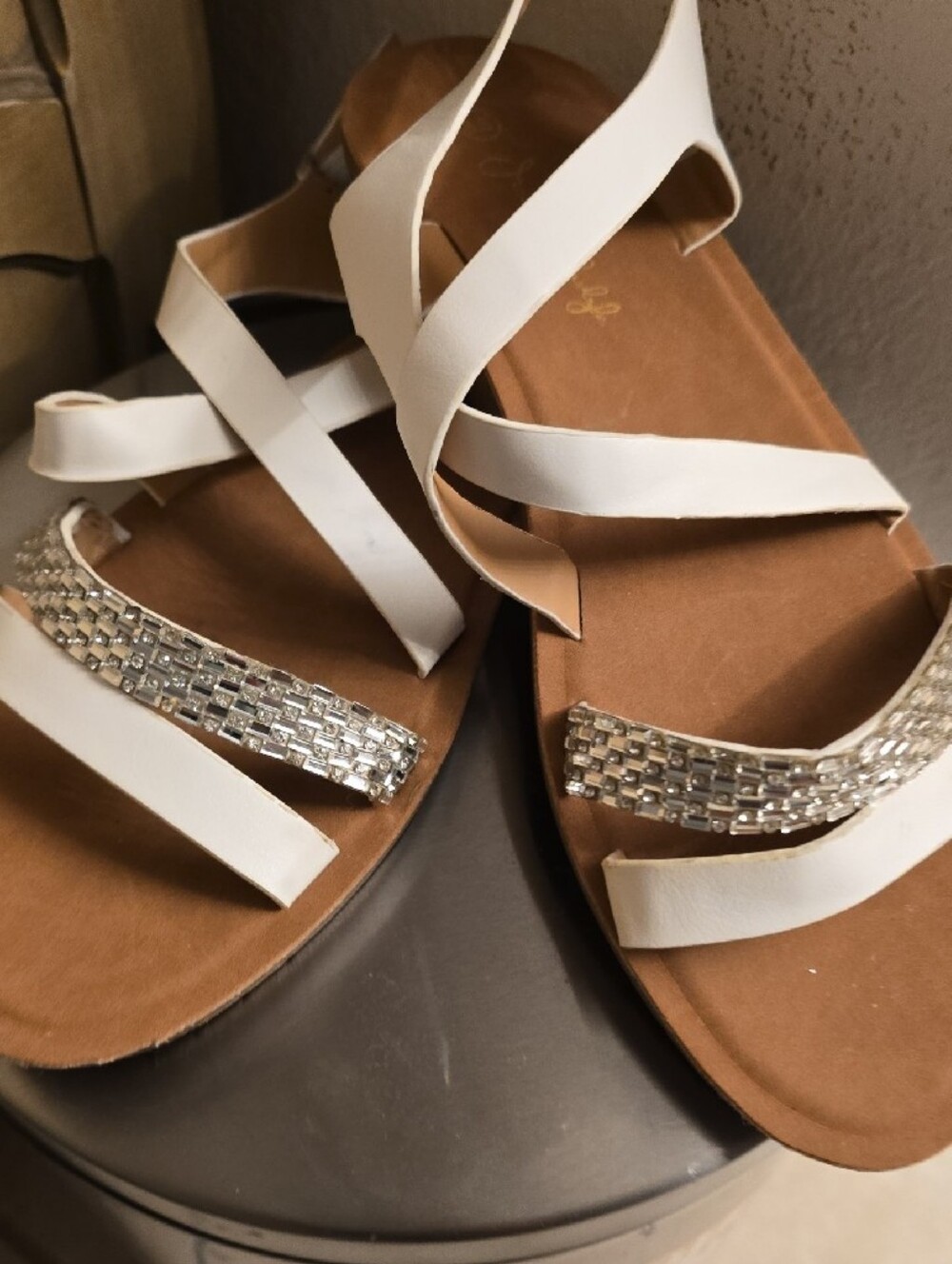 Women's White Rhinestone Cross-Strap Sandals 8.5
